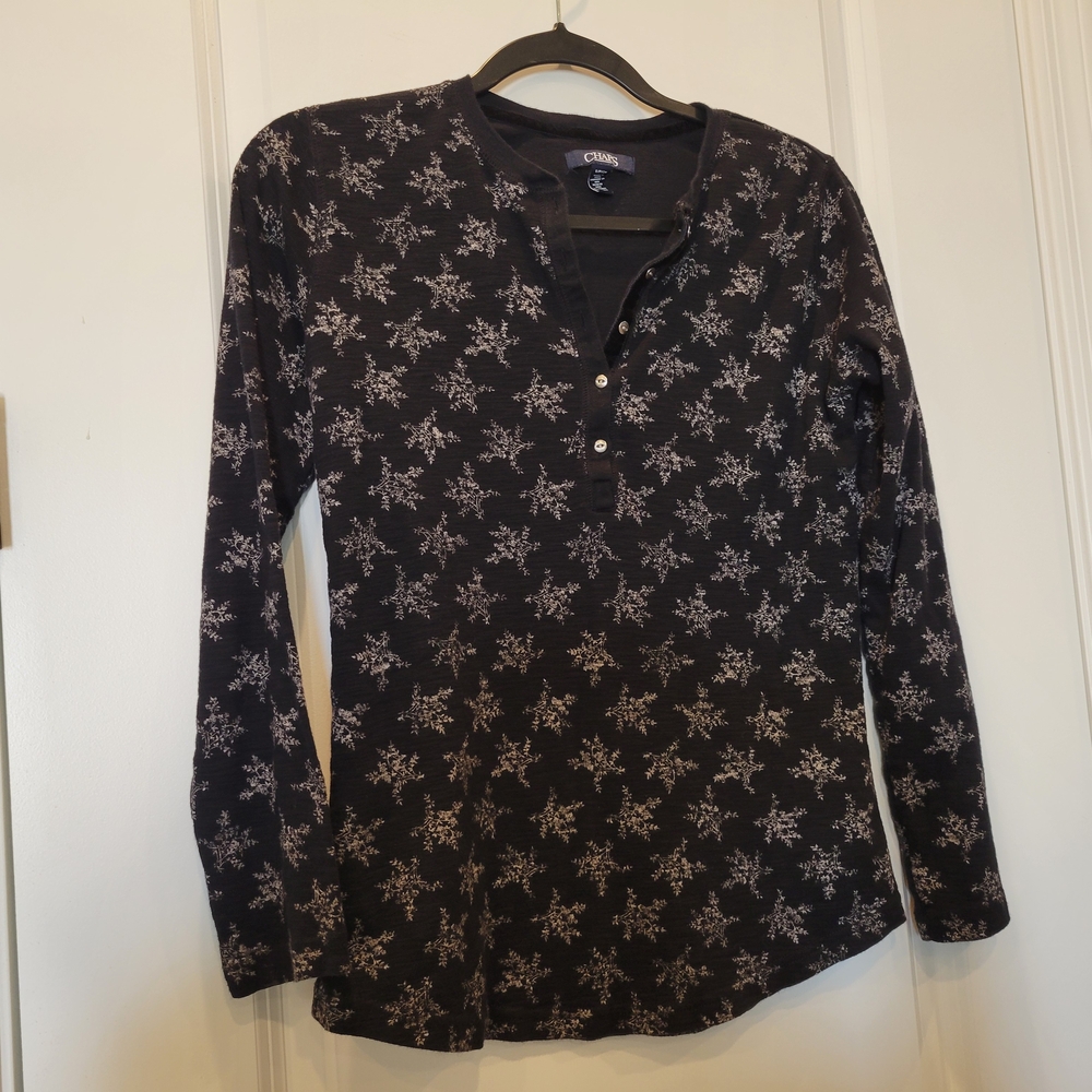 Chaps Black and White Long Sleeve Polo Blouse